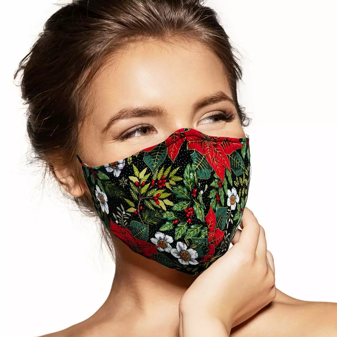 Pebbles Of Leeds Face Masks Pebbles Handmade Contoured Cotton Face Mask - Poinsettia